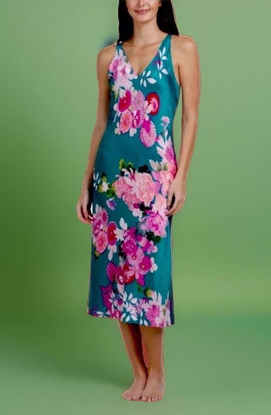 NEW! N Natori Silky Teal Floral Chemise /Nightgown /FREE SLIPPER SOCKS !EX-LARGE